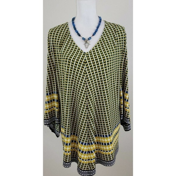Chico's ~Woman Size 3~ Yellow/Blue Flare Top Blouse, Stretch, 3/4 Sleeve. - Picture 7 of 12